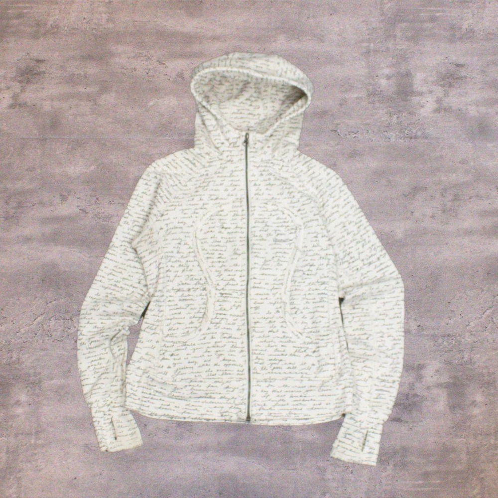 Y2K 00's Lululemon Special Edition All Over Print Script White Scuba ZIp Hoodie